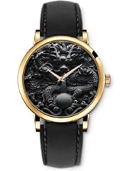 SPRAWL Aanalog Fashion Series Gold Ladies Watches of Genuine Black Leather Strap,Unique Wrist Watch for Women Girls Designed with Stone dragon