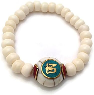 Tibetan Yak Bone Beads Stretch Wrist Mala with Tibetan Om Bead Capped