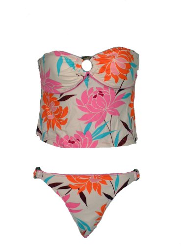Split Bubblegum Floral 2 Pc Bikini W/padded Apron Tankini Top & Ring Side Bottom (Medium)