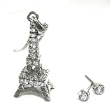 Large 3d Eiffel Tower Charm Necklace and Stud Earrings Set with Crystals Silver Tone Comes Gift Boxed