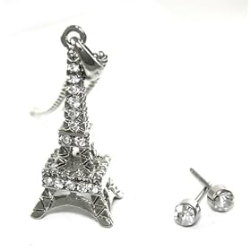 Large 3d Eiffel Tower Charm Necklace and Stud Earrings Set with Crystals Silver Tone Comes Gift...
