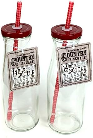 Set of 2 Glass Milk Bottle w/ Lid and Straw Drinkware (Red)