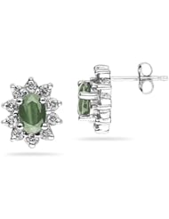 6X4mm Oval Shaped Green Amethyst and Diamond Flower Earrings in 14k White Gold