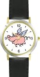 Angel Pig or Flying Pig with Wings Animal - WATCHBUDDY&reg; DELUXE TWO-TONE THEME WATCH - Arabic Numbers - Black Leather Strap-Size-Large ( Men's Size or Jumbo Women's Size )