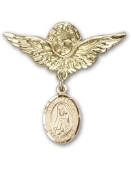 14K Gold Baby Badge with St. Martha Charm and Angel with Wings Badge Pin