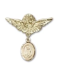 Gold Filled Baby Badge with St. Martha Charm and Angel with Wings Badge Pin