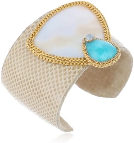 Annie Hammer Jewelry Mother of Pearl and Amazonite Snake Skin Leather Cuff Bracelet, 6.25"