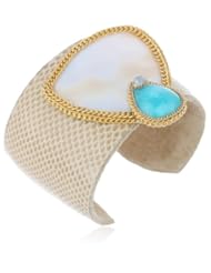 Annie Hammer Jewelry Mother of Pearl and Amazonite Snake Skin Leather Cuff Bracelet, 6.25"