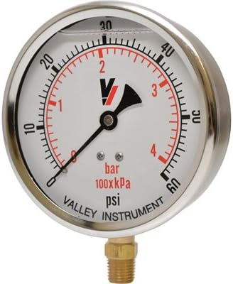 Valley Instrument Grade A 4in. Stem Mount Glycerin Filled Gauge - 0-60 PSI
