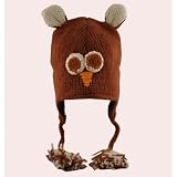 Hand Knit Owl 100% Wool Pilot Ski Animal Cap / Hat With Fleece Lined