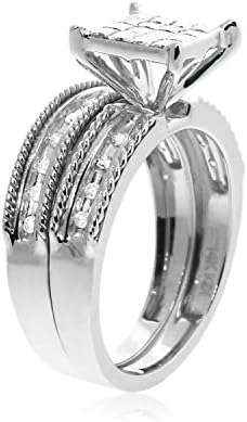 0.75 CT, Round & Princess cut Diamond Trio Wedding Set in 14K Solid White Gold