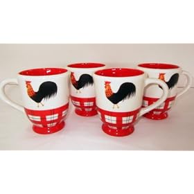 Ronnie's Terramoto Ceramic, Set of 4 Coffee Mugs / Tea Cups, 8 ounces, Rooster