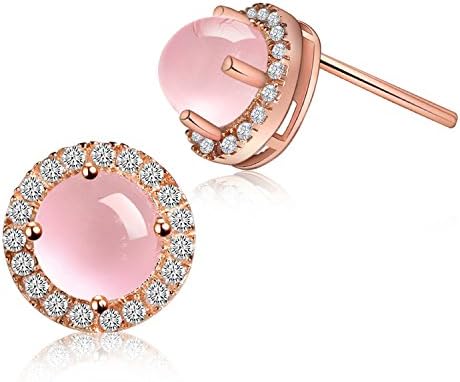 Blingery 925 Sterling Silver Rose Gold Plated Round-shaped Ross Guartz With Diamond Inlaid Stub Earrings