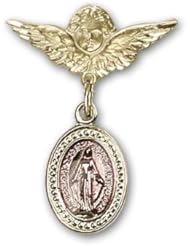 Gold Filled Baby Badge with Pink Miraculous Charm and Angel w/Wings Badge Pin