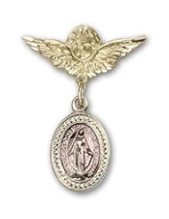 Gold Filled Baby Badge with Pink Miraculous Charm and Angel with Wings Badge Pin