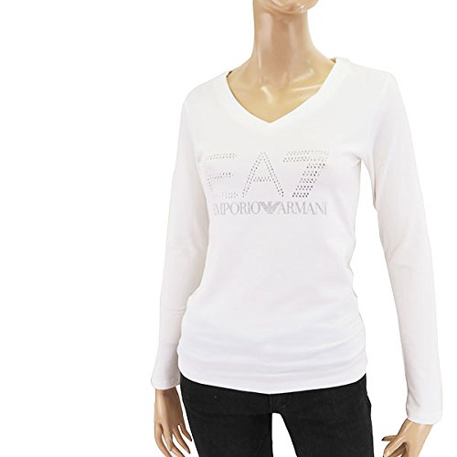 (エンポリオアルマーニ)EA7 EMPORIO ARMANI レディース 283854 6P201 ストレッチコットン ラインストーンロゴ Vネック 長袖 ロングTシャツ カットソー カラー00010/WHITE サイズ/XS/S/M [並行輸入品]