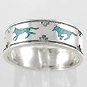 Running Wolf Band Ring in Sterling Silver with Turquoise Chip Inlay, Size 5 -15, #11108