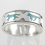 Running Wolf Band Ring in Sterling Silver with Turquoise Chip Inlay, Size 5 -15, #11108