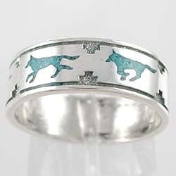 Southwestern Style Running Wolf Band Ring in Sterling Silver with Turquoise Chip Inlay for Men or Women, Sizes 5, 6, 7, 8, 9, 10, 11, 12, 13, 14 and 15, #11108