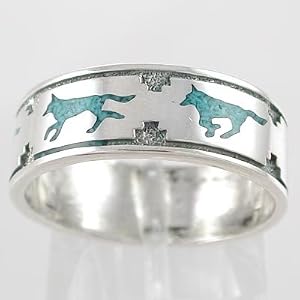 Southwestern Native American Style Running Wolf Band Ring in Sterling Silver with Turquoise Chip Inlay for Men or Women, size 5, 6, 7, 8, 9, 10, 11, 12, 13, 14 and 15, #11108