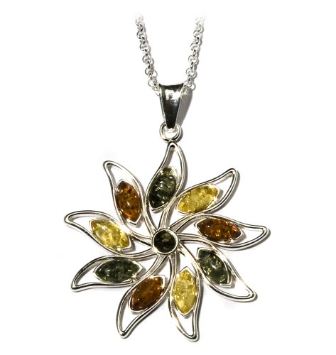Sterling Silver Multi-Color Amber Flower Pendant