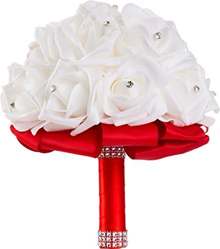 WorldofWeddings, Handmade Crystal Pearl Silk Rose Bridal Wedding Bouquet (Red)