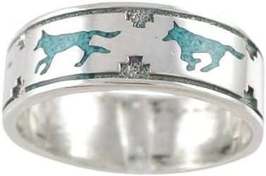Southwestern Running Wolf Band Ring in Sterling Silver with Stabilized Turquoise for Men or Women, Size 7