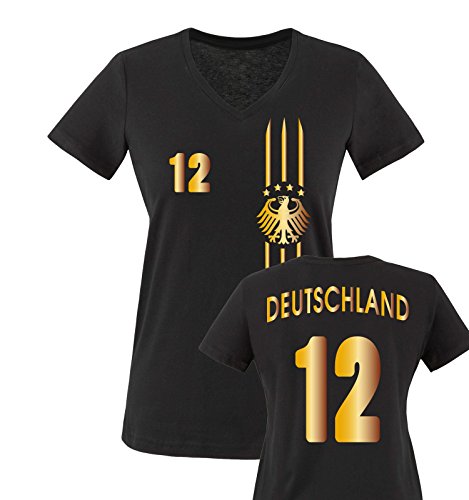 EM 2016 – TRIKOT – MOTIV1 – DEUTSCHLAND – 12 – Damen V-Neck T-Shirt – Schwarz / Gold Gr. XXL