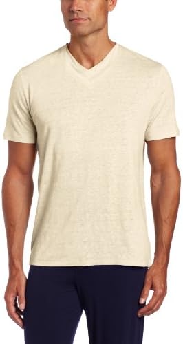 American Essentials Men's Knit Linen Double Layer V-Neck T-Shirt, Sand, Large