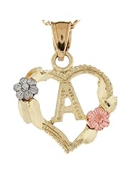 14k Three Tone Real Gold Heart & Roses Letter A Initial Charm Pendant