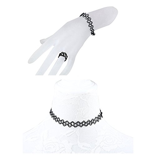 iWenSheng Women Vintage Black Gothic Stretch Tattoo Choker Collar Necklace Bracelet Ring Jewelry Set