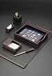 Beautiful Executive 6 Piece Mahogony Stained Wood & Genuine Black Leather Desk Set