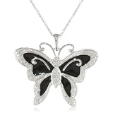 Sterling Silver Black Enamel Butterfly Diamond Pendant Necklace (1/10 cttw, I-J Color, I2-I3 Clarity), 18"