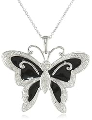 Sterling Silver Black Enamel Butterfly Diamond Pendant Necklace (1/10 cttw, I-J Color, I2-I3 Clarity), 18"