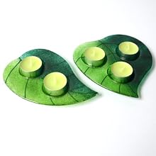 Luxury Glass Green Leaves Tea Light Holder Set