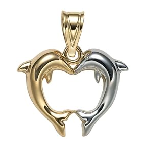 14k Yellow Gold and Rhodium Kissing Dolphin Charm