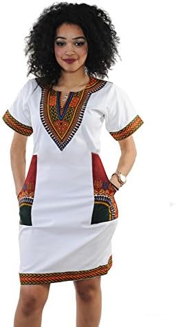Women Bohemian V Neck Vintage Printed Ethnic Style Summer Shift Dress (XXL, White-Red)