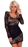 Sexy & Romantic Low Cut Black Victorian Floral Lace Overlay Long-Sleeve Open Back Fitted Cocktail Mini Dress