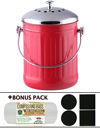 Kitchen Maestro 1 Gallon Counter Top Stainless Steel Compost Bin, 2 Odor Absorbing Filter Sets Included, + BONUS 50 Compost Bags included. (Red) by Kitchen Maestro