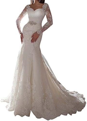 KissBridal Women's Long Lace Ruffles Mermaid Wedding Dress Bridal Gowns (14, White)