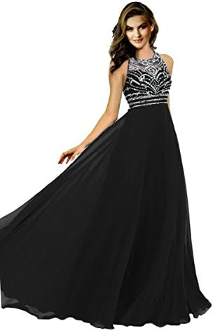 Promonline long prom dresses chiffon beaded jewel evening gowns,4,Black