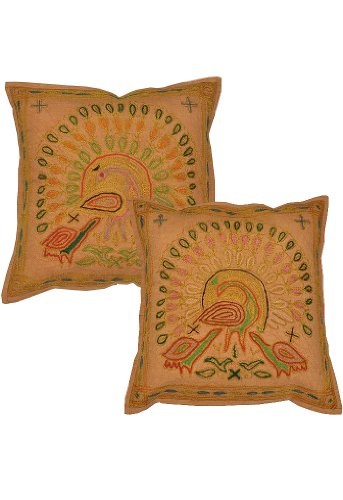 Imagen principal de Cojín de algodón indio Peacock Covers Adorna con Zari y bordado Tamaño trabajar 16 x 16 pulgadas Juego de 2 piezas