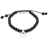 Sterling Silver Black Onyx Bead Bracelet with Cubic Zirconia Wishbone, 7.25
