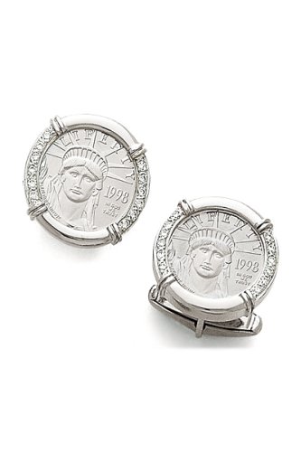 14K White Gold and Diamond Cufflinks with Geniune Platinum 1/10 oz. Coin