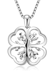 14K Italian White Gold Puff Filigree Four Leaf Clover W/ Diamond Cut Snowflake Necklace (16"), Women Jewelry in Gift Box