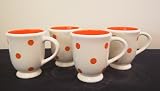 Ronnie's Terramoto Ceramic, Set of 4 Coffee Mugs / Tea Cups, 8 ounces, Orange Polka Dots on White Base