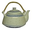 Blue and white rice pattern teapot - porcelain, bamboo handles