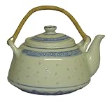 Blue and white rice pattern teapot - porcelain, bamboo handles