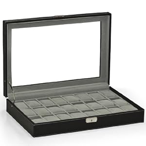 Watch Box Large 24 Mens Black Leather Display Glass Top Jewelry Case Organizer
