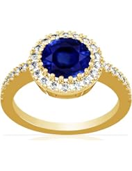 14K Yellow Gold Round Cut Blue Sapphire Ring With Sidestones (GIA Certificate)